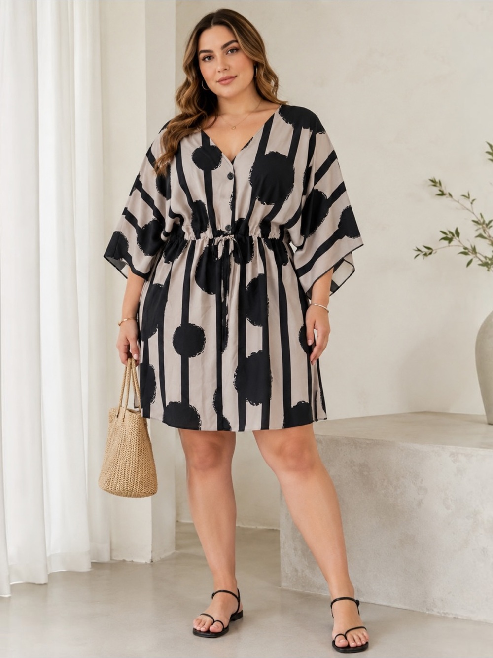 Women’s 1XL Abstract Polka Dot Stripe Caftan Dress Kimono Sleeves Black Taupe